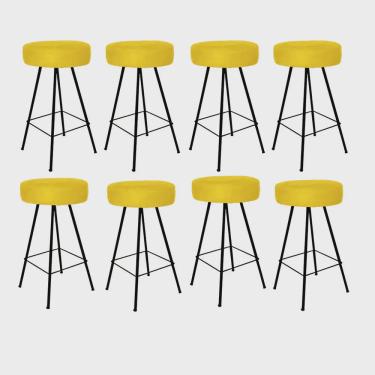 Imagem de Kit 08 Banqueta Alta Laisa Industrial Redonda Cozinha Bar Balcão Bistrô Ferro Preto Suede Amarelo - Ahz Móveis
