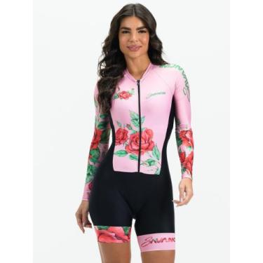 Imagem de Macaquinho Ciclismo Feminino Manga Longa Rosa Flowers Black Savancini 