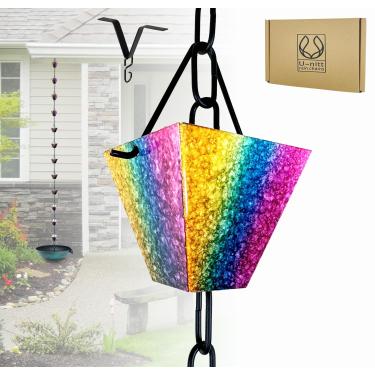 Imagem de Coletor de água de corrente de chuva para calhas, coletor e desviador de água da chuva, correntes de 8,5 pés para jardim externo, copos quadrados arco-íris, calha de telhado, funciona com chuva forte,