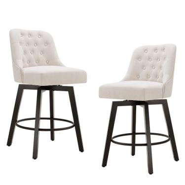 Imagem de MROYAL Banqueta de bar com altura giratória 66 cm estofada com costas e pernas de madeira para ilha de cozinha, conjunto de 2, tecido bege sem braços