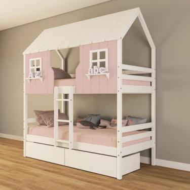 Imagem de Beliche Casinha Encantada com 02 Gavetas Madeira Maciça Rosa/ Branco H