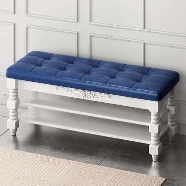 Imagem de Sapateira de grande capacidade para hall de entrada, quarto, banco de entrada de madeira maciça, ③-Banco de armazenamento tufado vintage com assento de couro - azul 60 x 30 x 48 cm (24 x 12 x 19