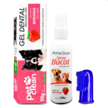Imagem de Kit Higiene Bucal Sabor Morango para Cães e Gatos Gel Pasta Dental 90g + Spray Bucal 120ml + Escova Dente Dedeira Pet Clean