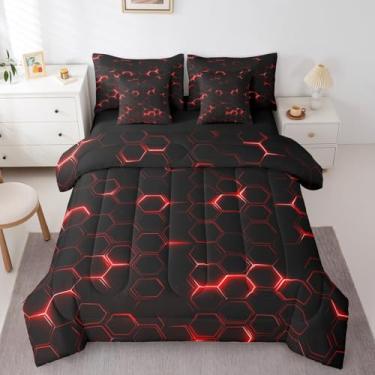 Imagem de jejeloiu Conjunto de edredom de colmeia com lençol casal com tema geométrico hexagonal, 7 peças, para meninos, adultos, adolescentes, luzes neon vermelhas, arte hexagonal, decoração de quarto