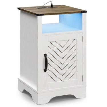 Imagem de FansaFurn Mesa de cabeceira LED com estação de carregamento, mesa de cabeceira com armário de armazenamento e prateleira, mesa de canto rústica de madeira, para quarto, sala de estar, carvalho branco
