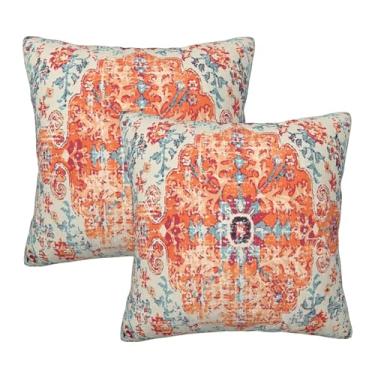 Imagem de Lalamelody Laranja, azul, étnico, boho, creme, coral, floral, decorativa, fronhas quadradas, aconchegantes, decoração de casa, sofá, escritório, sala de estar, capas de almofada (conjunto de 2, 45,7 x