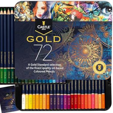 Imagem de Castle Art Supplies Conjunto de 72 lápis de cor padrão dourado – Cores coloridas à base de óleo de qualidade permanecem mais nítidas contra quebras | Para artistas adultos, coloristas | Em caixa de