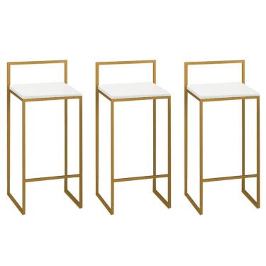 Imagem de Kit 03 Banquetas Alta Com Encosto Lyno Industrial Balcão Bistrô Ferro Dourado Branco - Amey Decor