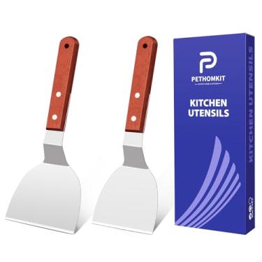 Imagem de Conjunto de espátula de metal para frigideira de ferro fundido, espátula larga de aço inoxidável, conjunto de utensílios para uso na cozinha com cabo de madeira curto borda chanfrada para panqueca