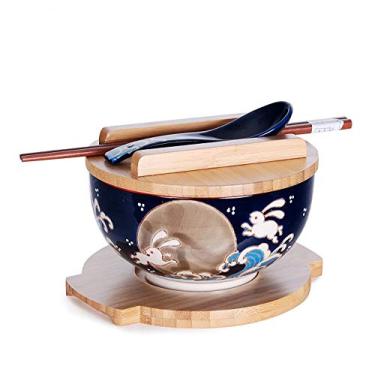 Imagem de Happy Sales, Tigela de macarrão de arroz estilo vintage japonês Kamameshi com tampa de bambu, pauzinhos e colher de porcelana (BlueRabbitMoon)
