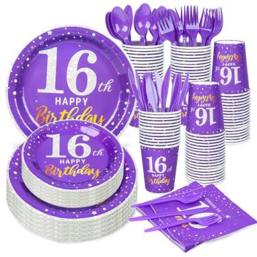 Imagem de GuoZhiXin Suprimentos Para Festa De 16º Aniversário: Pratos Papel Descartáveis, Guardanapos, Copos, Facas, Colheres, Garfos Homens E Mulheres, Roxo Prata, 16 Decorações, Total 168 Peças, Serve 24 Pe