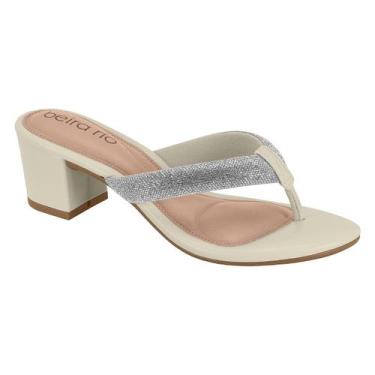 Imagem de Tamanco Feminino Beira Rio Conforto Dedo Salto Bloco Strass, Branco of