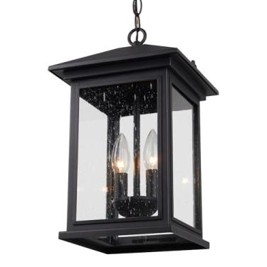 Imagem de Treekee Luminária Pendente Grande Para Área Externa, Lanterna Suspensa Moderna Ajustável, Lustre Preto Varanda Externa Com Vidro Fosco, Iluminação Pátio, Varanda, Quintal