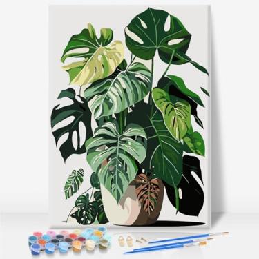 Imagem de Kit DIY de pintura emoldurada por números para adultos iniciantes e crianças de 8 a 12 anos sem cavalete, kit de pintura de plantas verdes por números, tintas para adultos em vaso com moldura para