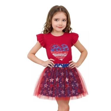 Imagem de RETSUGO Conjunto de saia de tule para meninas, duas peças, manga com babados, vestido tutu para festa de aniversário de verão 2 a 10 anos, Bandeira/vermelha, 2-3 Anos