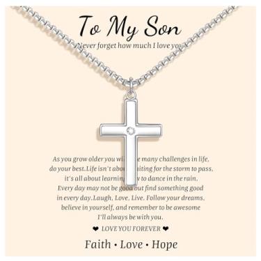 Imagem de Colar de corrente de cruz para filhos: joia com pingente de cruz de crucifixo de prata de aço inoxidável mínimo para meninos adolescentes, filho da mãe, pai, confirmação de primeira comunhão, presente