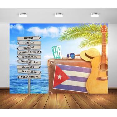 Imagem de BELECO Tecido de 2,1 x 1,5 m Havana Cuba Pano de Fundo Tropical Praia Havana Decorações de Festa Havana, Viagem de Verão com Mala Antiga Guitarra e Placa de Cidade Cuba Plano de Fundo Foto Cabine de