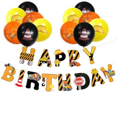 Imagem de Banner de aniversário de veículo de construção, escavadeira, caminhão, escavadeira, impresso, bandeira de aniversário, balões de látex, decoração de festa para meninos e meninas, crianças, pano de
