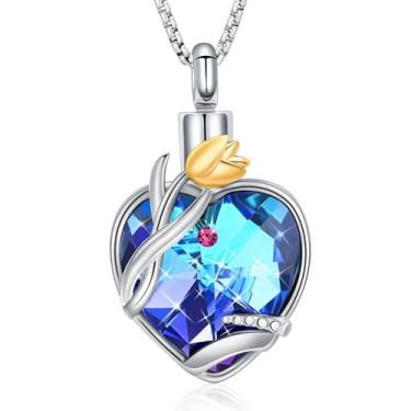 Imagem de Joias de cremação, colares de urna de coração para cinzas para mulheres, pingente de cinzas humanas em memória de tulipa com pingente de pedra do mês de nascimento, Diamante
