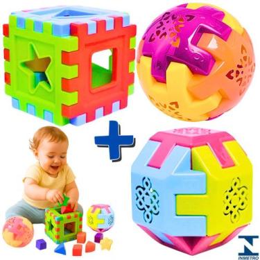 Imagem de Kit 3 Brinquedos Educativos Bola Didática+Cubo+ Bola com Formas Infant