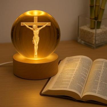 Imagem de Luminária Mesa Bola Cristal 3d Base Madeira Decoração Religioso - NoBr