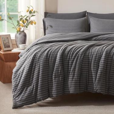 Imagem de Voguease Conjunto de edredom queen, edredom queen size, luxuoso, de malha jérsei ultramacia, listra/cinza escuro, leve e leve, cama alternativa Comforte Queen para todas as estações, conjunto de cama