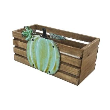 Imagem de Napco Vaso retangular rústico de casa de fazenda com detalhe de abóbora de metal azul-petróleo estilo caixa de madeira para decoração de outono e Halloween - interior/externo