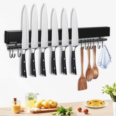 Imagem de Pailexin Suporte magnético de faca de 50,8 cm com 10 ganchos, tira magnética de faca preta sem perfuração e cabide de utensílios para parede, suporte magnético de faca poderoso inclui fita e parafusos