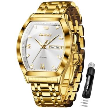 Imagem de OLEVS Relógio de pulso masculino quadrado, analógico, quartzo, aço inoxidável, negócios, luxuoso, com data, à prova d'água, luminoso, Mostrador branco com pulseira de ouro, relógios masculinos