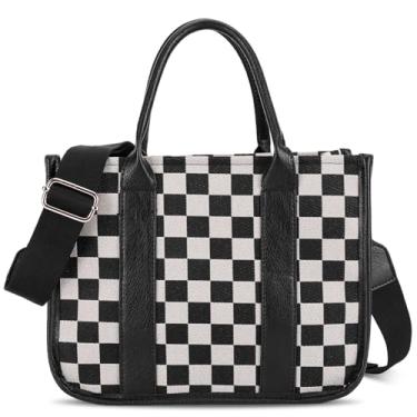 Imagem de Bolsa quadriculada, sacola de lona, bolsa tiracolo quadriculada, preta e branca, bolsa de ombro despojada para trabalho/viagem, B - preto