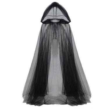 Imagem de Capa transparente para adolescentes adultos com capuz grande, mantos de malha, robe de Halloween, fantasma, noiva, cosplay, capa, Preto, G