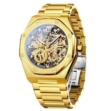 Imagem de OLEVS Relógio de pulso masculino automático, esqueleto, mecânico, de aço inoxidável, clássico, à prova d'água, à prova d'água, Ouro - 6669