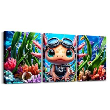 Imagem de Feelyou Linda arte de parede em tela axolotl para sala de estar quarto 30,5 x 40,6 cm 3 peças crianças salamandra imagem decoração de parede para decoração de casa banheiro pintura de algas marinhas