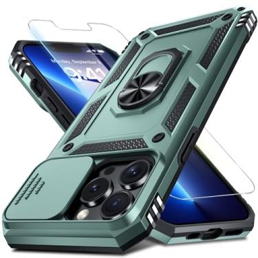 Imagem de Janmitta Capa para iPhone 12 Pro Max embutida para lente de câmera deslizante + protetor de tela, capa de celular resistente à prova de choque com suporte de anel de dedo, verde escuro