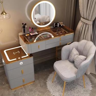 Imagem de Penteadeira Com Cadeira, Mesa De Vaidade Com Espelho E Luzes, Com Espelho De Escurecimento De Tela Sensível Ao Toque De 3 Cores, Conjunto De Mesa De Vaidade, Com 3 G, Brown+gray, 100.5x40x78cm