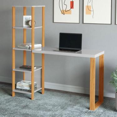 Imagem de Mesa Escrivaninha Industrial 4 Prateleiras 100% Mdf Off White/Freijó F