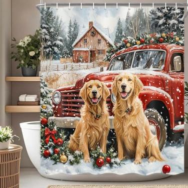 Imagem de Cortina de chuveiro para cães de Natal vintage vermelho caminhão cães cortina de chuveiro para crianças, cortinas de banho rústicas para casa de fazenda bonito cachorro pug estilo árvore de Natal