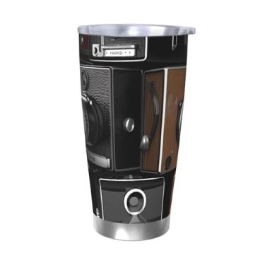 Imagem de HJBNW Copo de 590 ml de aço inoxidável com tampa e canudo Caneca de café de viagem com isolamento a vácuo de parede dupla retrô legal coleção de câmera copos de café reutilizáveis caneca de viagem