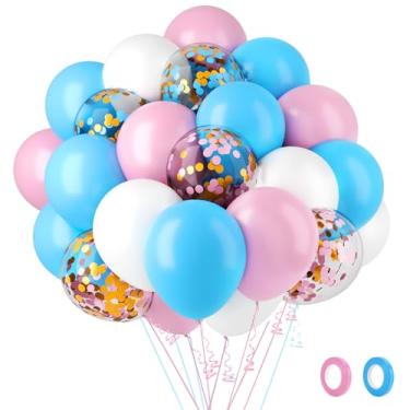 Imagem de Conjunto de 62 balões rosa e azul, kit de balões de látex de confete branco rosa de 30,5 cm com fitas, kit de balões de festa para aniversário, casamento, revelação de gênero, decorações de festa