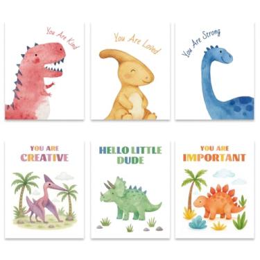 Imagem de GOMAKERER 6 peças de arte de parede de impressões de dinossauros, pôsteres de estampas de animais, palavras motivacionais, citações inspiradoras, decalques de parede para berçário, sala de aula