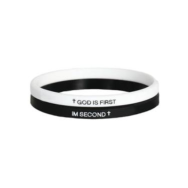 Imagem de VOLLYOO Pulseira God Is First, GOD IS FIRST IM SECOND Christian Religious Faith Pulseiras de borracha gravadas com versículos bíblicos inspiradores pulseira de silicone para mulheres e homens