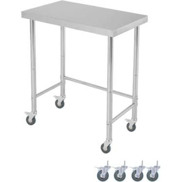 Imagem de Mesa de trabalho de aço inoxidável de 45,7 x 81 cm, mesa de trabalho de 136 kg, pesada, NSF, com pés ajustáveis e rodízios de bloqueio, base aberta, mesa utilitária de metal de camada única para