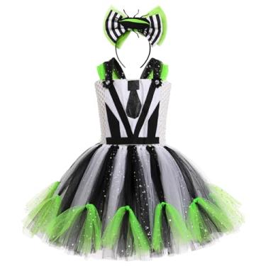 Imagem de AGYMNX Kids Girls Halloween Costume Beetle Ruffle Black and White Striped Dress Cosplay Fancy Dress Up Outfit Festival Suit