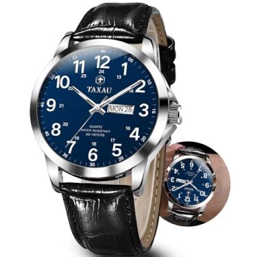 Imagem de Taxau Relógios masculinos com pulseira de couro, aço inoxidável, quartzo, analógico, fácil leitura, luxuoso, à prova d'água, relógio de pulso masculino com data diurna, numeral arábico, Azul-G8409