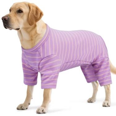 Imagem de LETSQK Pijama listrado para cães – Pijamas para cães pequenos a grandes, terno de lã que cai, elástico e lavável na máquina, corte de barriga para machos, ótimo para cirurgia e clima frio, roxo 4GG