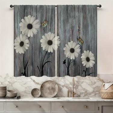 Imagem de Famiffty Cortina de cozinha de margarida rústica floral fazenda 79,5 L x 99 cm 2 painéis bolso para varão rústico vintage prancha de madeira flor branca pequena curta café cortinas azul-petróleo