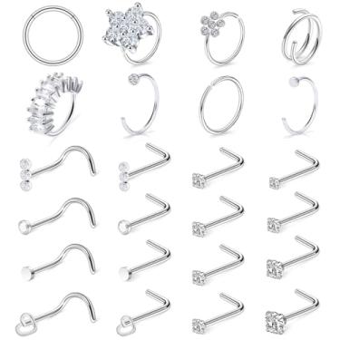 Imagem de Ftovosyo 18G 20G Anéis de nariz de aço cirúrgico argola para mulheres homens pavimentado CZ flor piercing de narina joias em forma de L conjunto de anéis de nariz, Metal Cristal, Zircônia cúbica