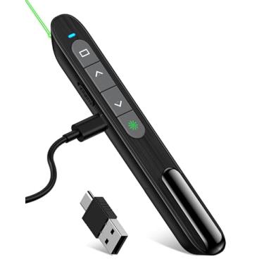 Imagem de Clicker de apresentação recarregável USB C com luz verde, clique remoto para apresentações apresentador sem fio PPT avançado ponteiro com controle de volume para laptop
