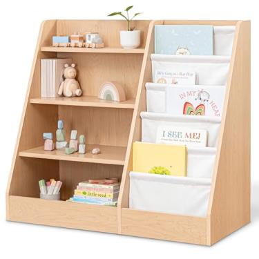 Imagem de Comfy Cubs Estante infantil de 90 x 40 x 81 cm – Prateleira Montessori de madeira compensada resistente com prateleiras macias e rígidas para brinquedos e livros – adequada para crianças, organizador