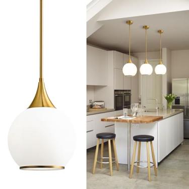 Imagem de HAHZT Luzes pendentes ilha da cozinha: luminária dourada escovada casa de fazenda com vidro de leite - 25,4 cm globo de meio século luminárias de cozinha teto para sala de jantar